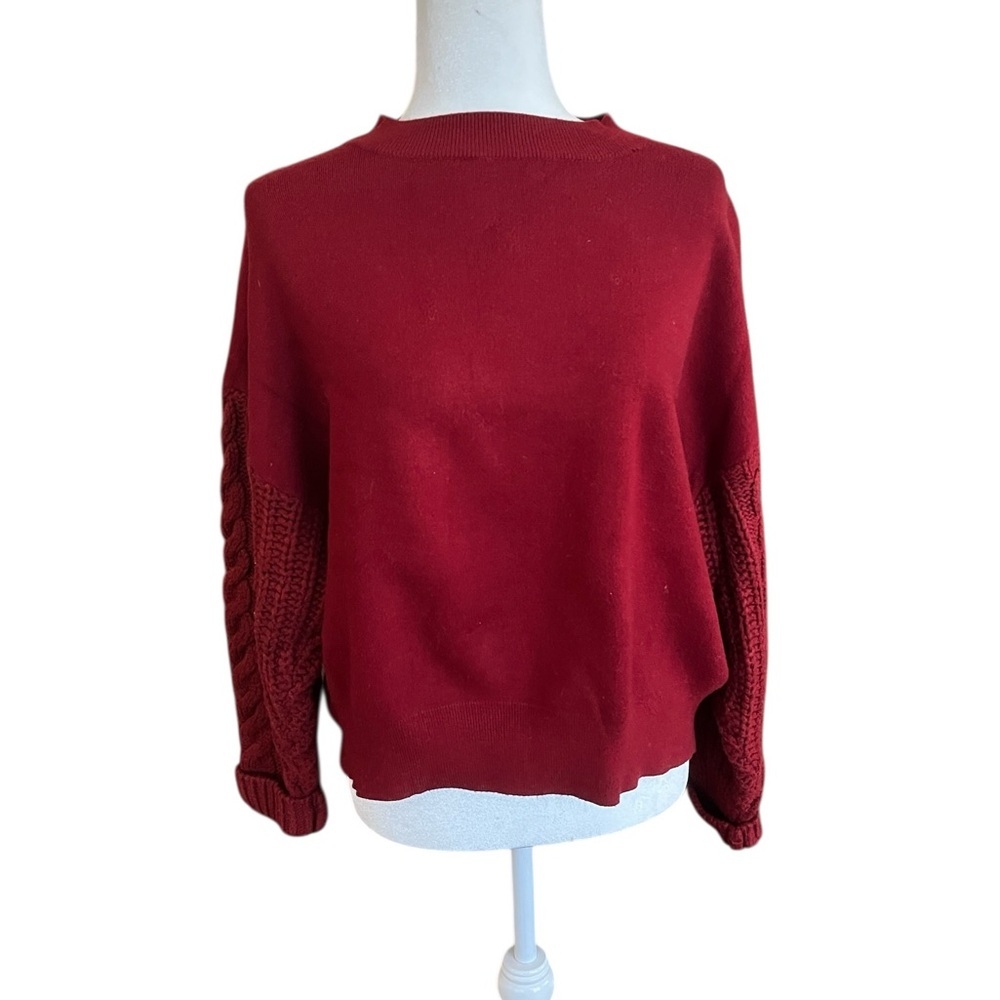 Zara Knit Maroon Red Sweater with Cable Knit Sleeves Size Medium